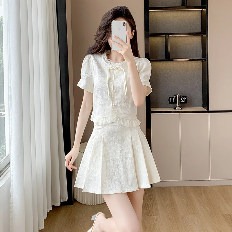 新中式国风套装裙女夏高级感轻奢气质旗袍上衣配百褶半身裙两件套