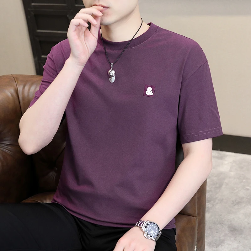 2024夏季新款男士休闲半袖百搭短袖纯色T恤冰凉丝光刺绣圆领短袖