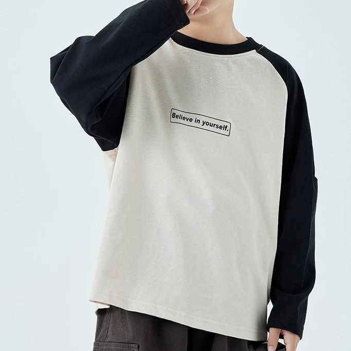 【KKI】（全棉长袖T恤）儿童秋季圆领拼接打底中大童宽松套头撞色