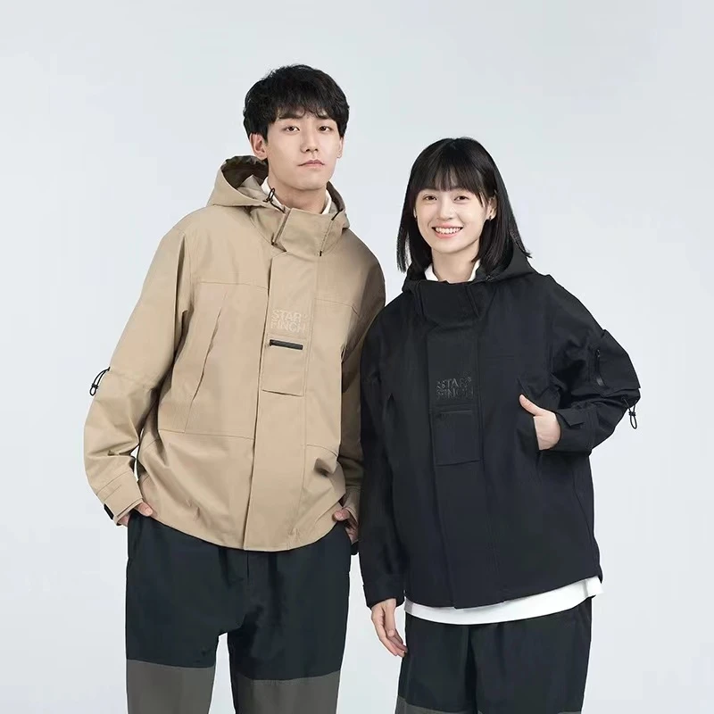 立体多口袋印花男女同款户外运动防风连帽休闲外套夹克