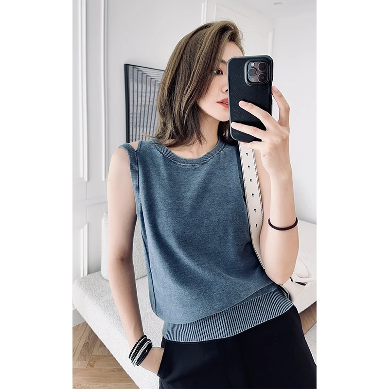 【特价捡漏】港岛夏日背心 复古水洗镂空无袖上衣美洋 MEIYANG