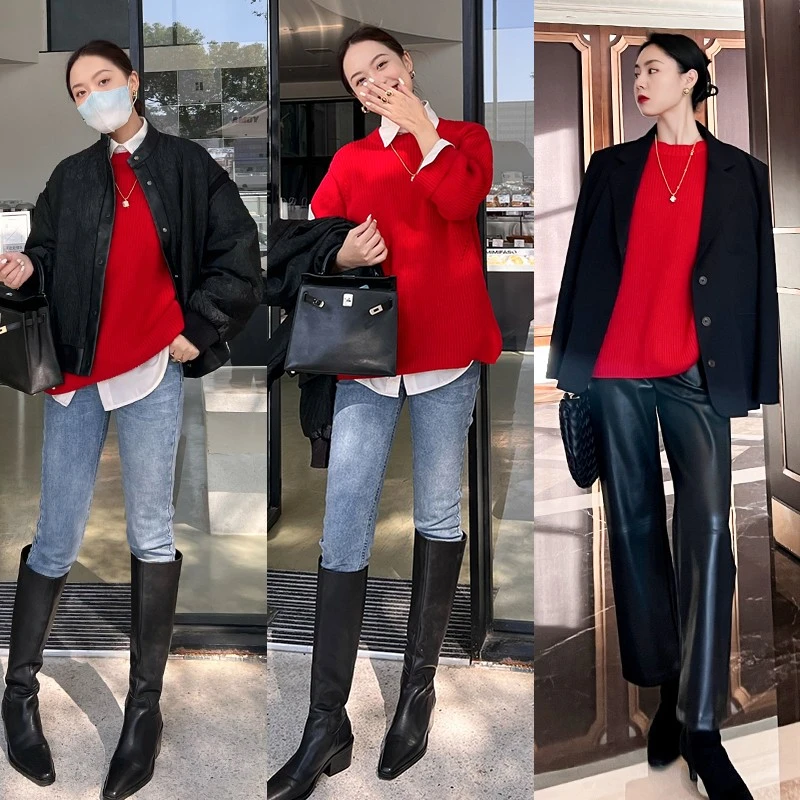 【特价捡漏】柿柿红毛衣袖口翻边七分袖套头直筒针织衫美洋MEIYANG