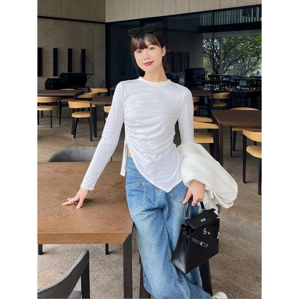 【特价捡漏】花束长袖T 褶皱开衩显瘦修身打底衫美洋MEIYANG