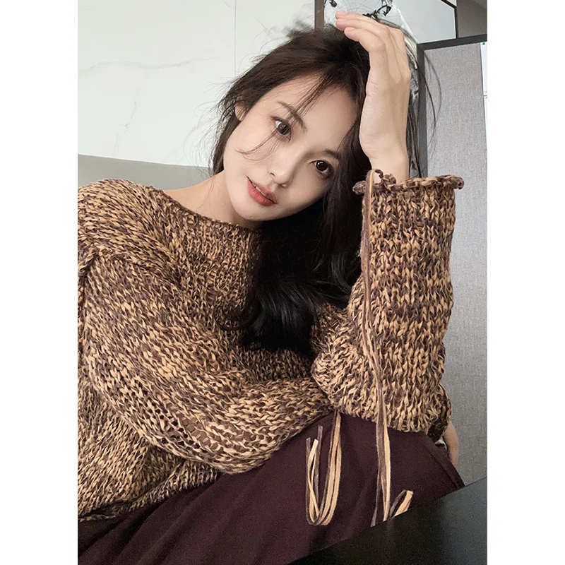 【特价捡漏】走马带纸纱针织衫 波西米亚双色花纱流苏一字领毛衣