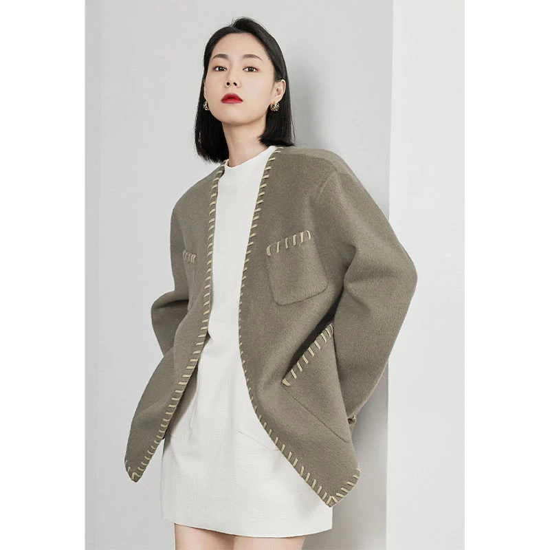 【特价捡漏】黄昏牧歌羊毛大衣 拼皮编织双面呢美洋MEIYANG