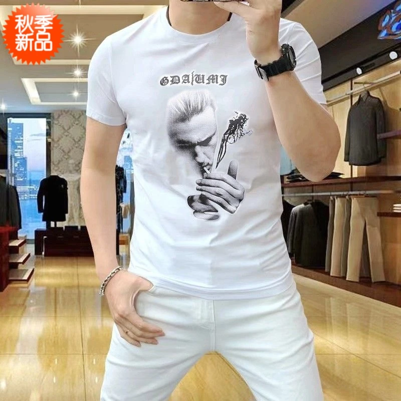 男士丝光棉短袖t恤青年夏季薄款圆领修身潮流印花白色时尚T恤上衣