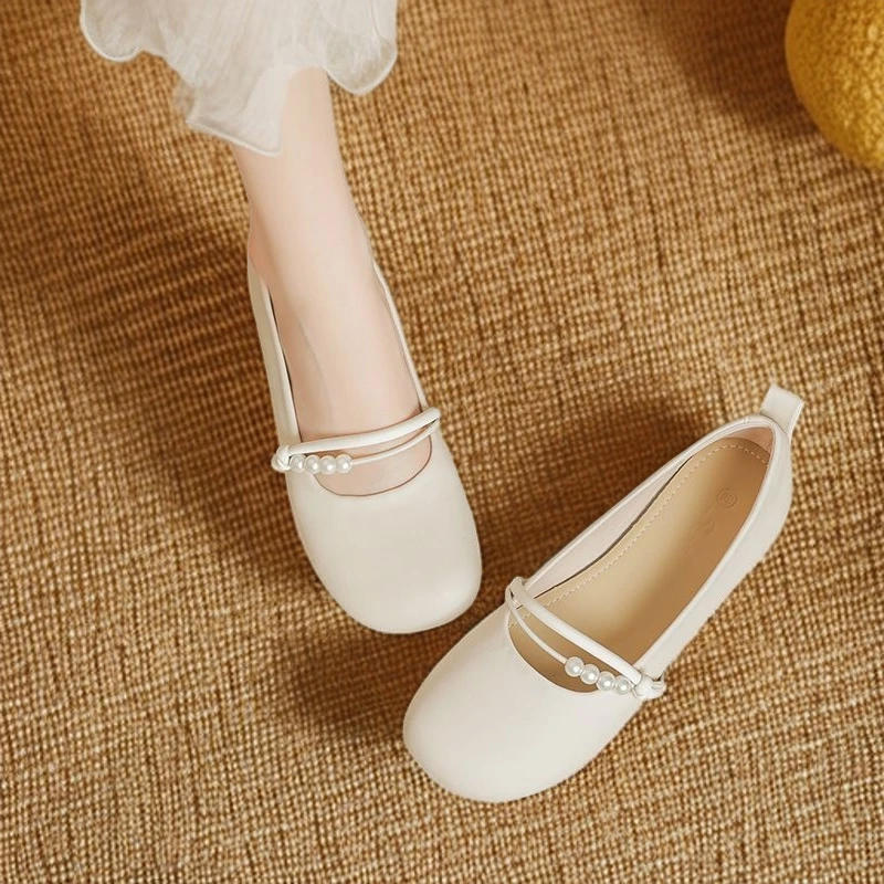 玛丽珍夏季软皮新款百搭单鞋夏天浅口气质春季平底鞋圆头学生珍珠