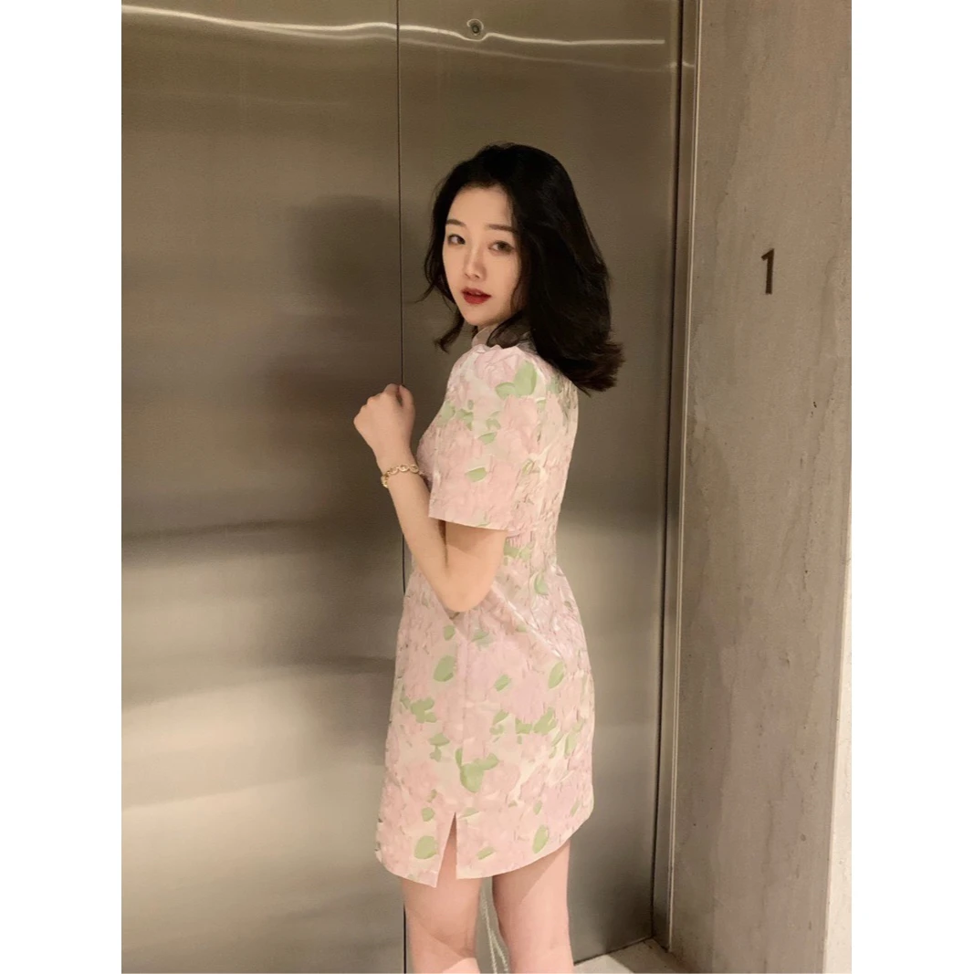 YJR叶老本儿 桃雾 新中式提花早春显瘦连衣裙YJR439