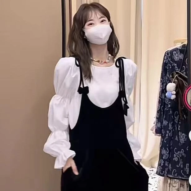 20253035韩版衬衫小香风黑色吊带裤长裤长袖上衣白色衬衫两件套