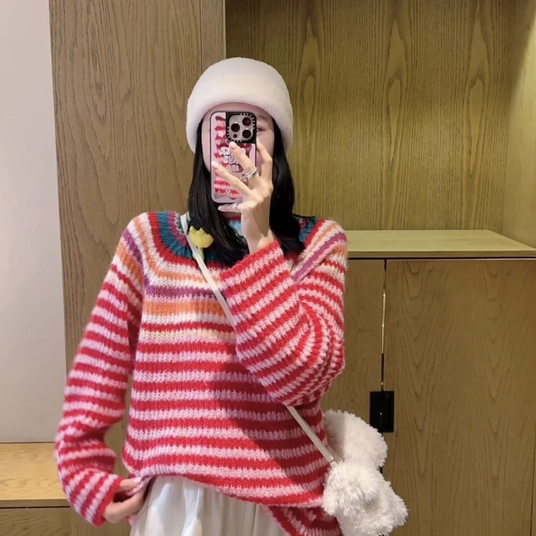 20255011女装【彩虹条】韩版条纹毛衣时尚加厚拼接宽松撞色圆领秋冬