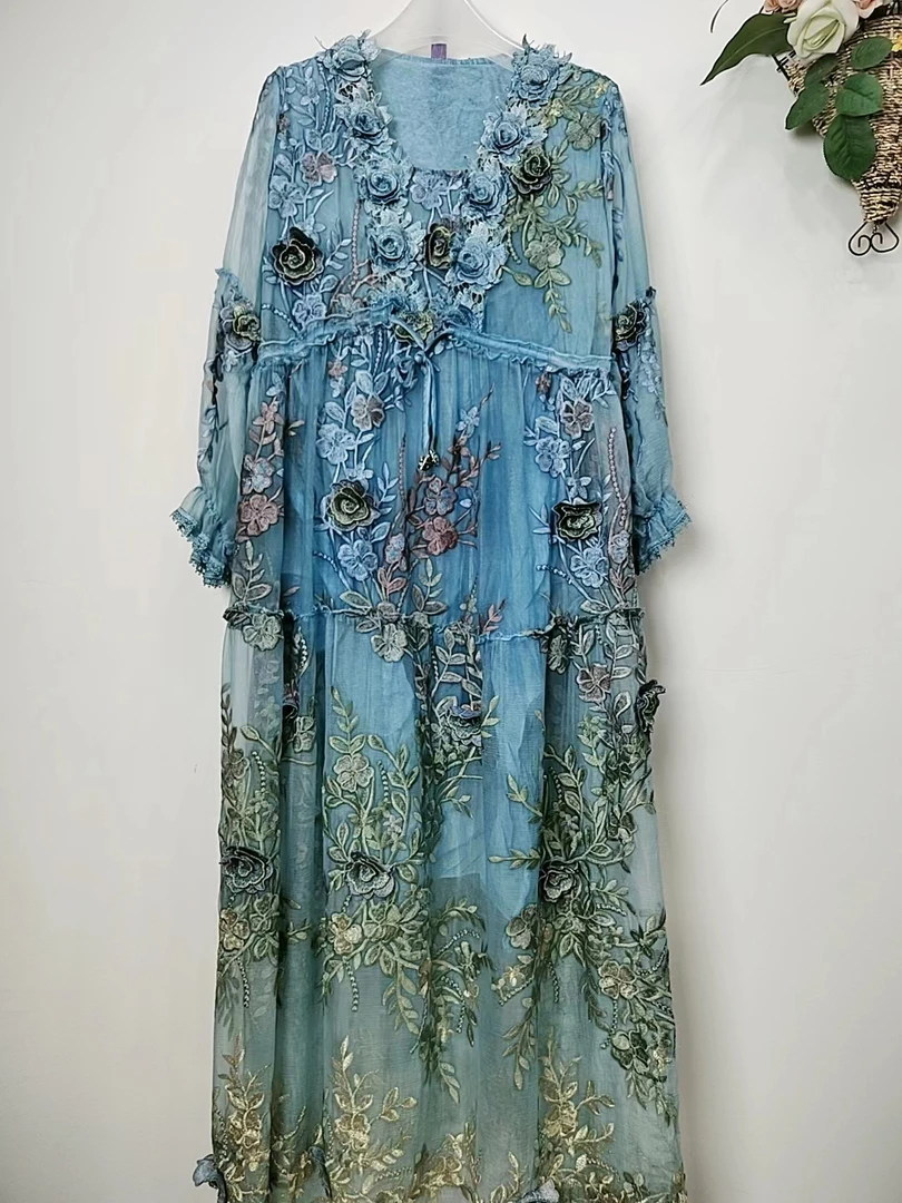 花之物语桑蚕丝连衣裙951-8-9E春夏蓝色蕾丝