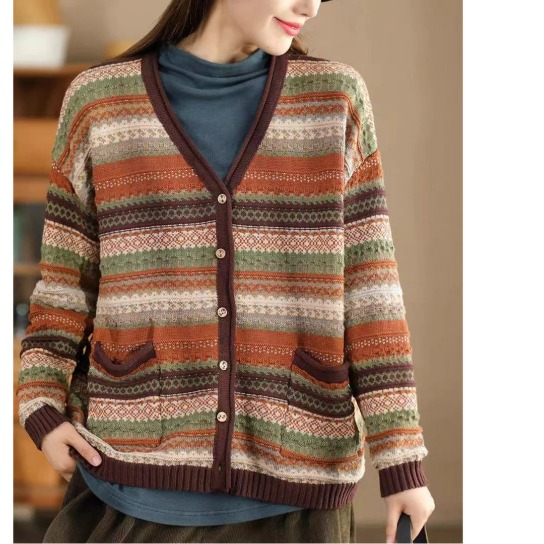 十色花纱条纹间色V领单排扣针织开衫女内搭外穿上衣秋冬棉线毛衣