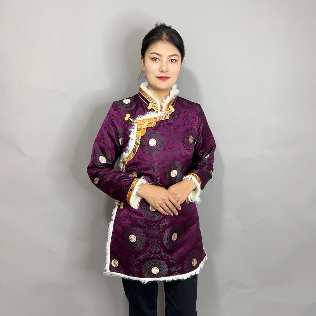 女士衣边缎子包边毛边中长款加绒保暖外套圆点棉衣藏式藏族包邮