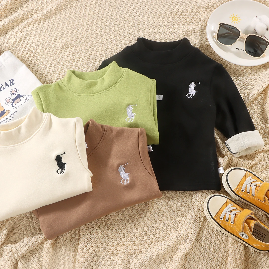 半高领刺绣打底衫冬季韩版秋冬宝宝加绒加厚长袖儿童洋气