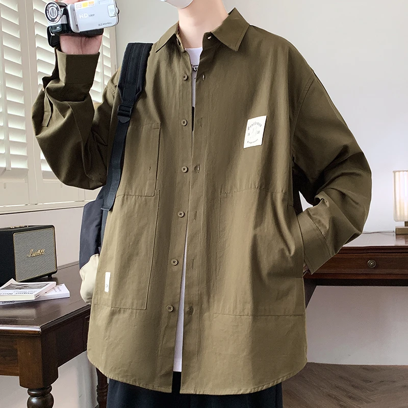 秋装纯色长袖衬衫男青少年2024秋季新款潮牌高级感衬衣宽松外套