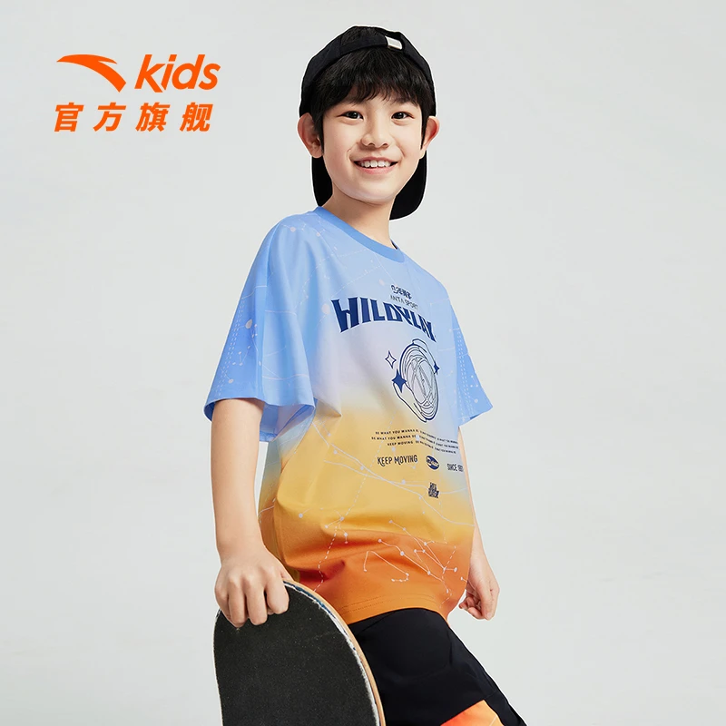 安踏儿童针织短袖衫2024年夏季新款男童吸汗速干休闲款短袖p