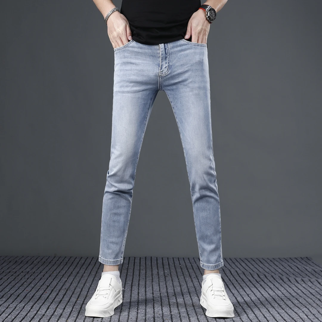 浅色男士九分牛仔裤男款修身小脚爆款2024新款夏季弹力休闲裤子男