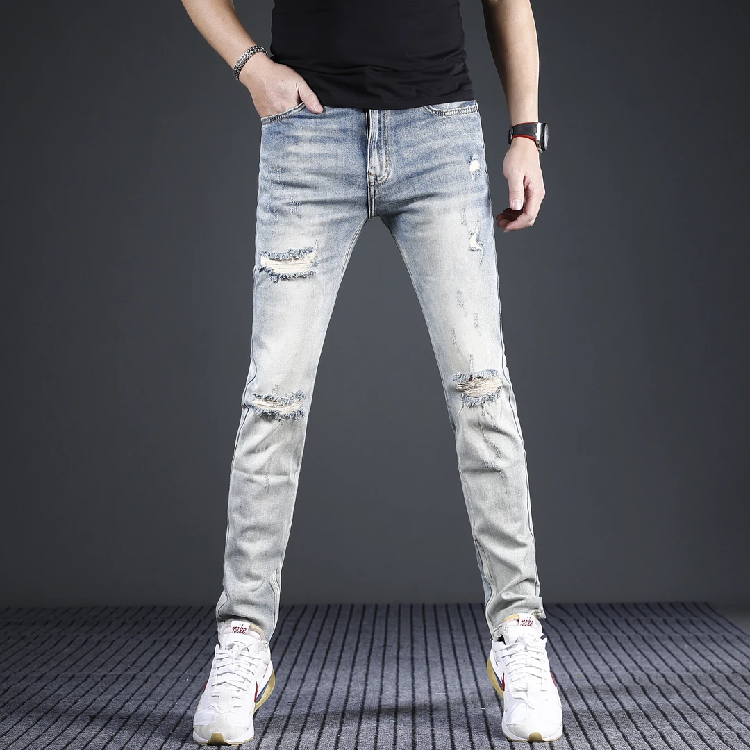 破洞男士牛仔裤男款爆款2024新款夏季修身小脚弹力休闲乞丐裤子男