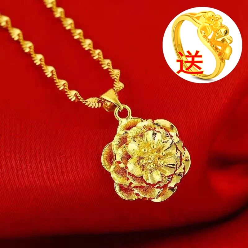 铜合金项链 久不掉色送戒指精美女气质紫金花坠子黄金色水波项链