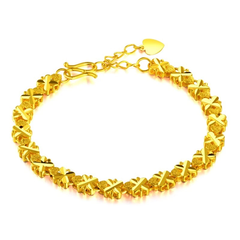 铜合金手链 不掉色轻奢气质送女士幸运草四叶草心形真金色手链