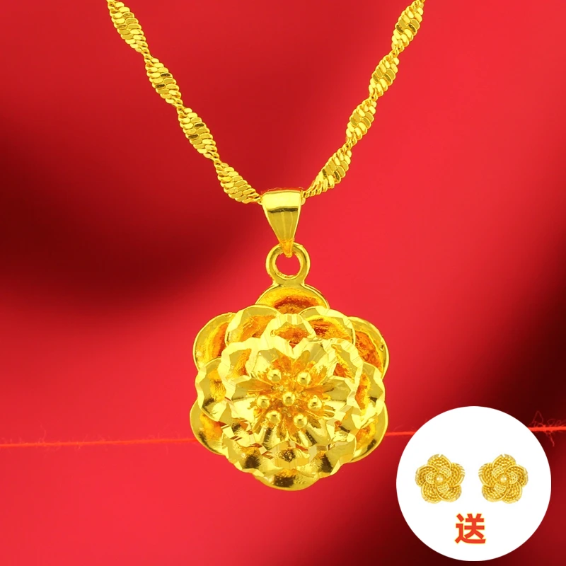 铜合金项链 送耳钉时尚精美妈妈女气质紫金花砂金金色吊坠项链