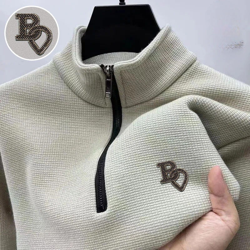 爆款半拉链立领卫衣男长袖t恤冬季潮牌男装刺绣加绒加厚保