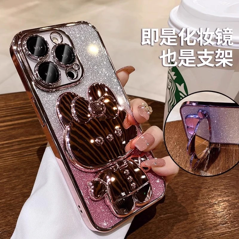 适用13/14/15proMAX手机壳补妆镜支架iPhone闪粉镜头膜全包防摔