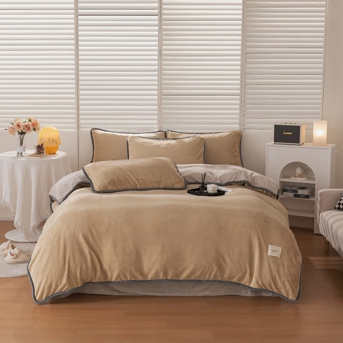 新款高克重简欧牛奶绒四件套包边款 晴天系列