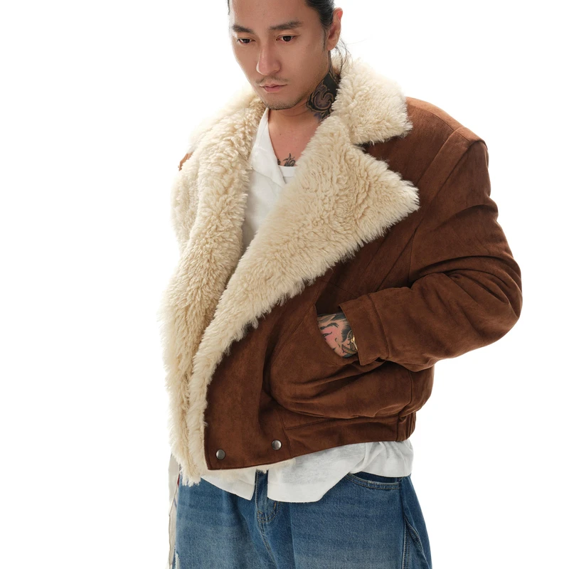 Shizukaumi24 复古羔毛廓形短款翻领机车棉服外套