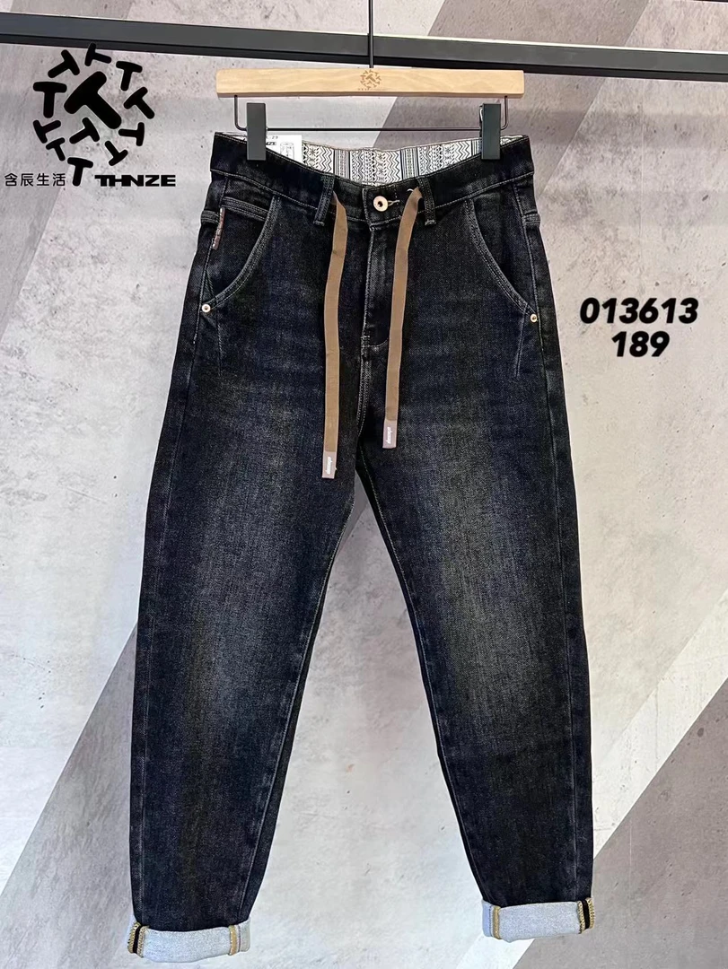 秋冬男士抓绒牛仔裤时尚百搭水洗潮流黑色弹力