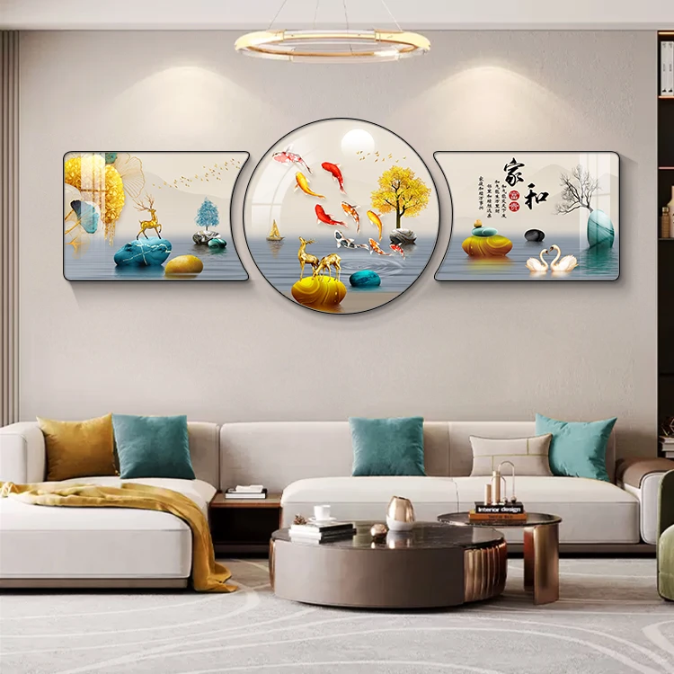 【佳工坊】九鱼呈祥挂画新中式寓意好的客厅沙发背景墙装饰画三联画