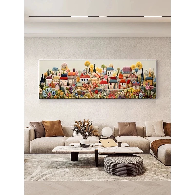 【银河】奶油风装饰画大幅横版挂画小镇风景立体感卧室壁画150*50