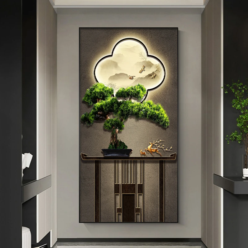 爱屋及屋【佳人】迎客松入户晶瓷镶钻玄关装饰画新中式