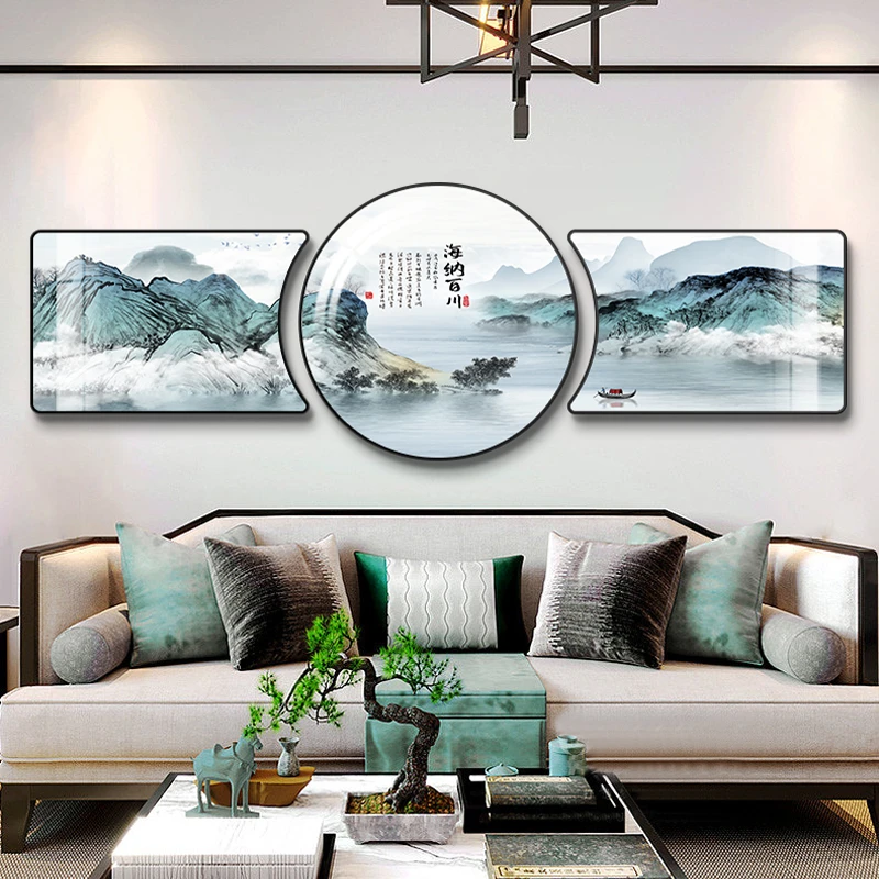 荣耀佳画【佳工坊】新中式轻奢客厅三联装饰画简约风景风格金框手工