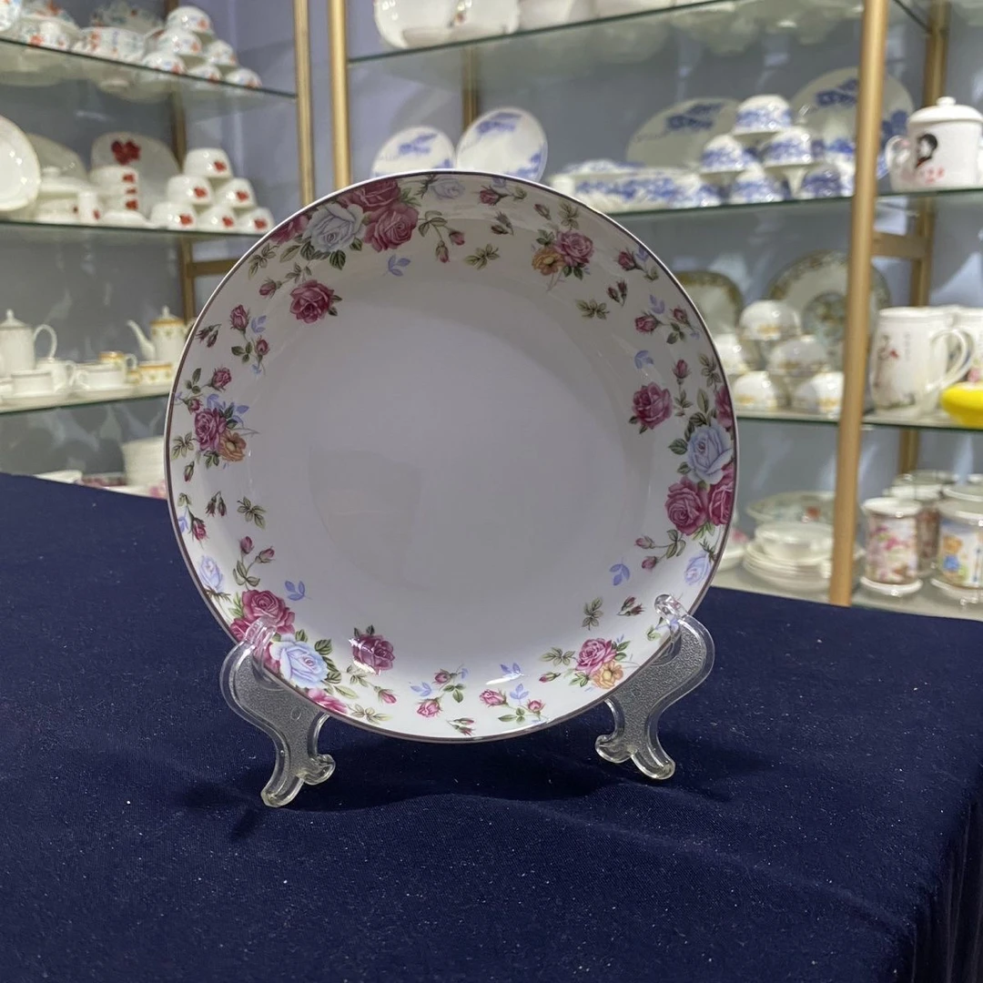 唐山骨瓷家用餐具清新精致高档7英寸圆形深菜盘热菜盘微波炉可用