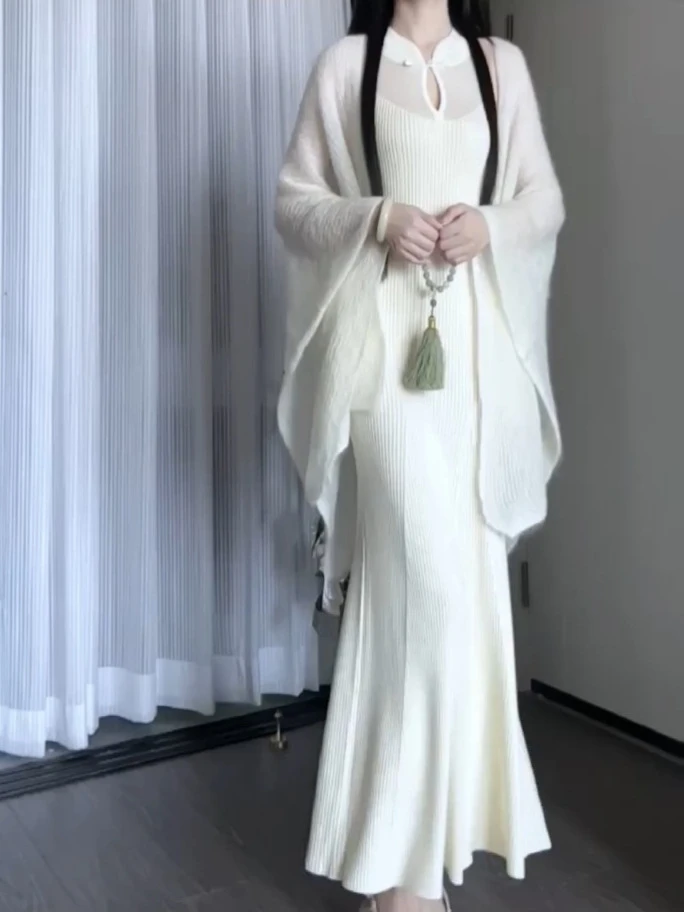 3045新中式改良旗袍连衣裙披肩套装早秋季国风气质禅意两件套裙装