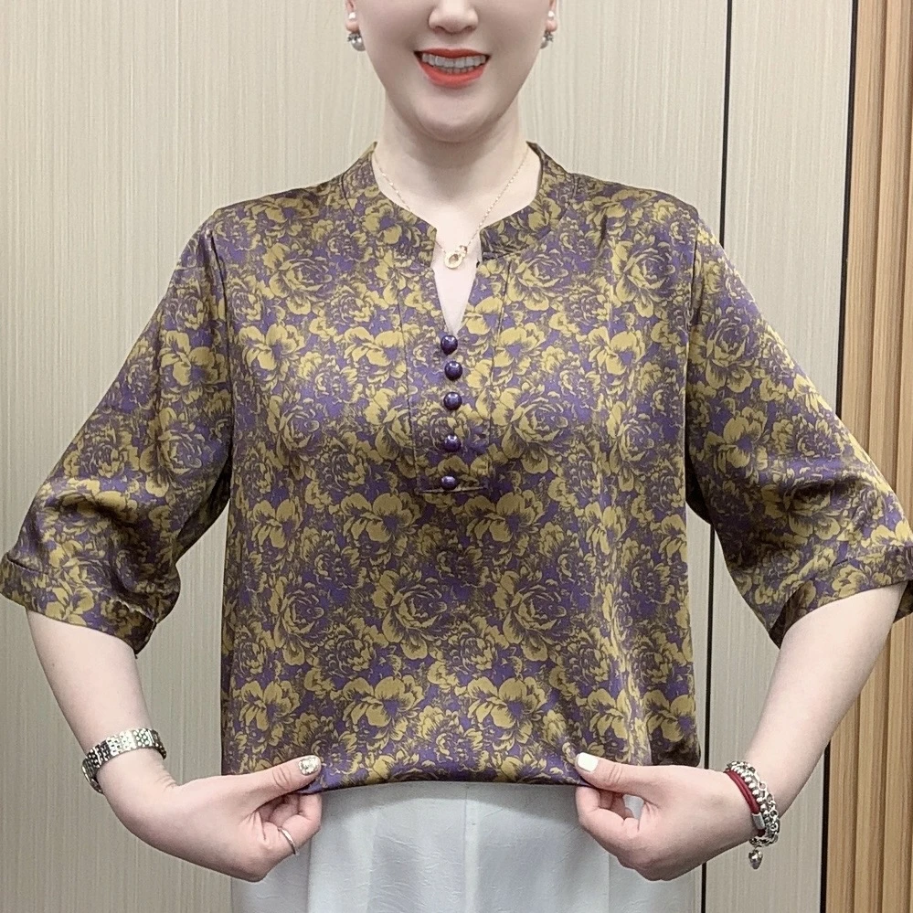 新款洋气五分袖气质显瘦遮肉碎花夏季小衫时尚印花中袖大码妈妈装