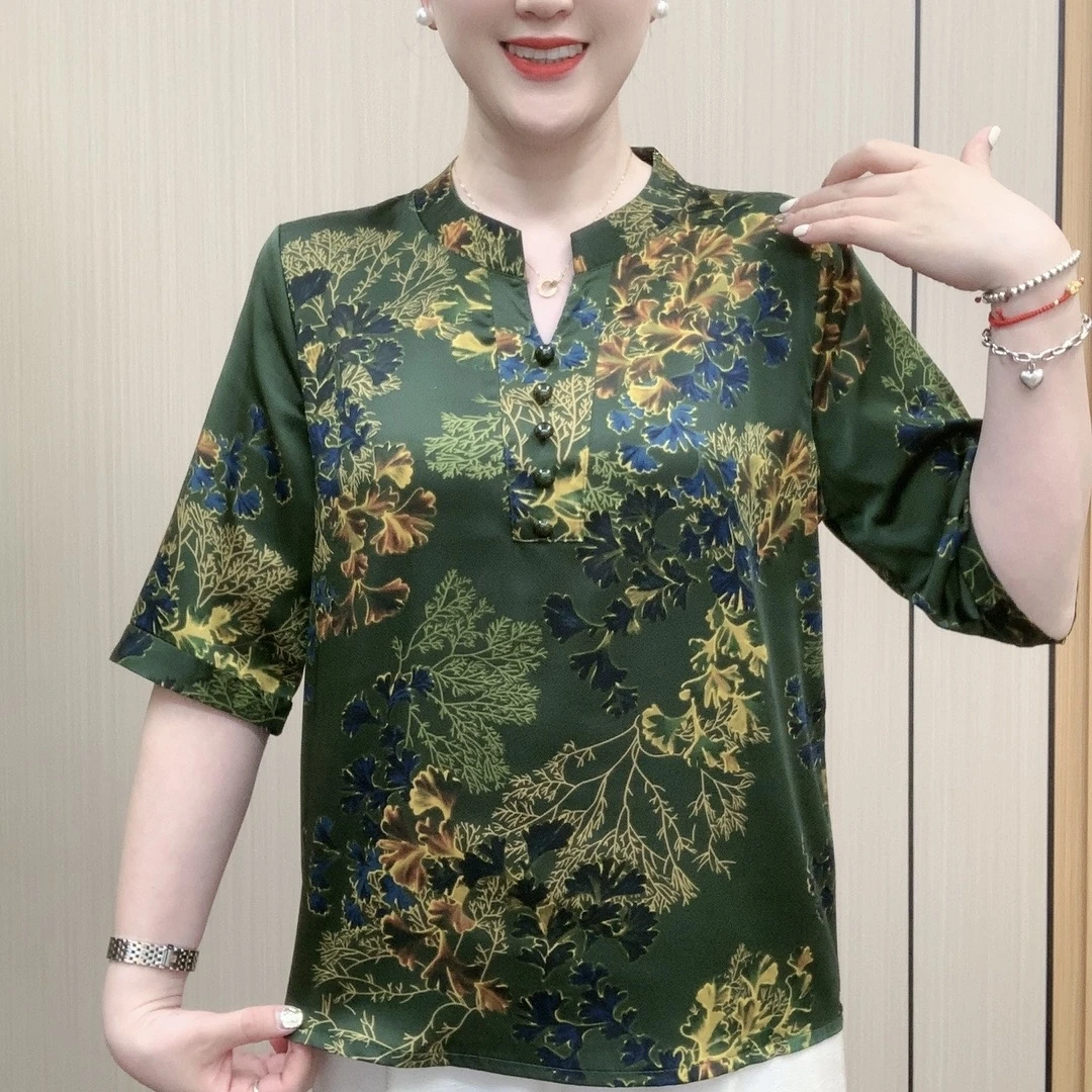 新款气质减龄V领五分袖小衫夏季宽松大码妈妈装