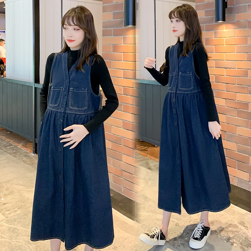 【苏遇婉】孕妇装2023秋冬装牛仔背带裙上衣两件套