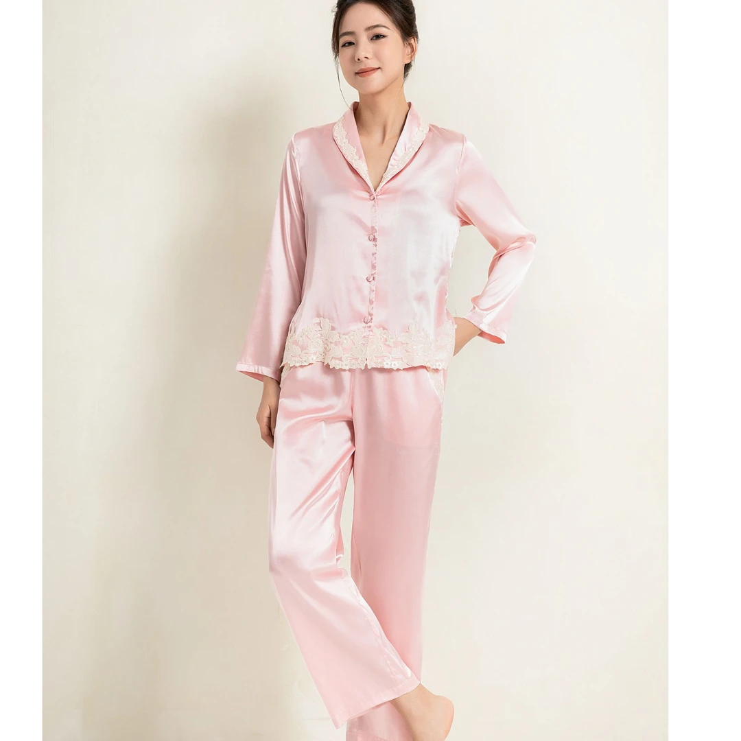 新款粉色休闲宽松蕾丝刺绣手工花边睡衣家居服长袖长裤两件套装