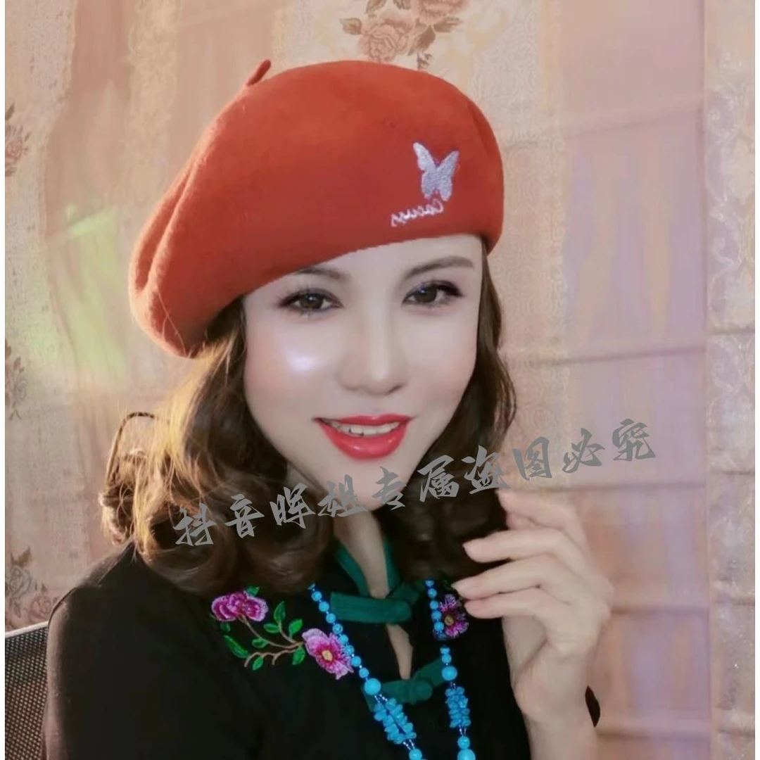 洋气假发一体贝雷帽毛呢刺绣蝴蝶短发中长发减龄帽子秋冬时尚新款