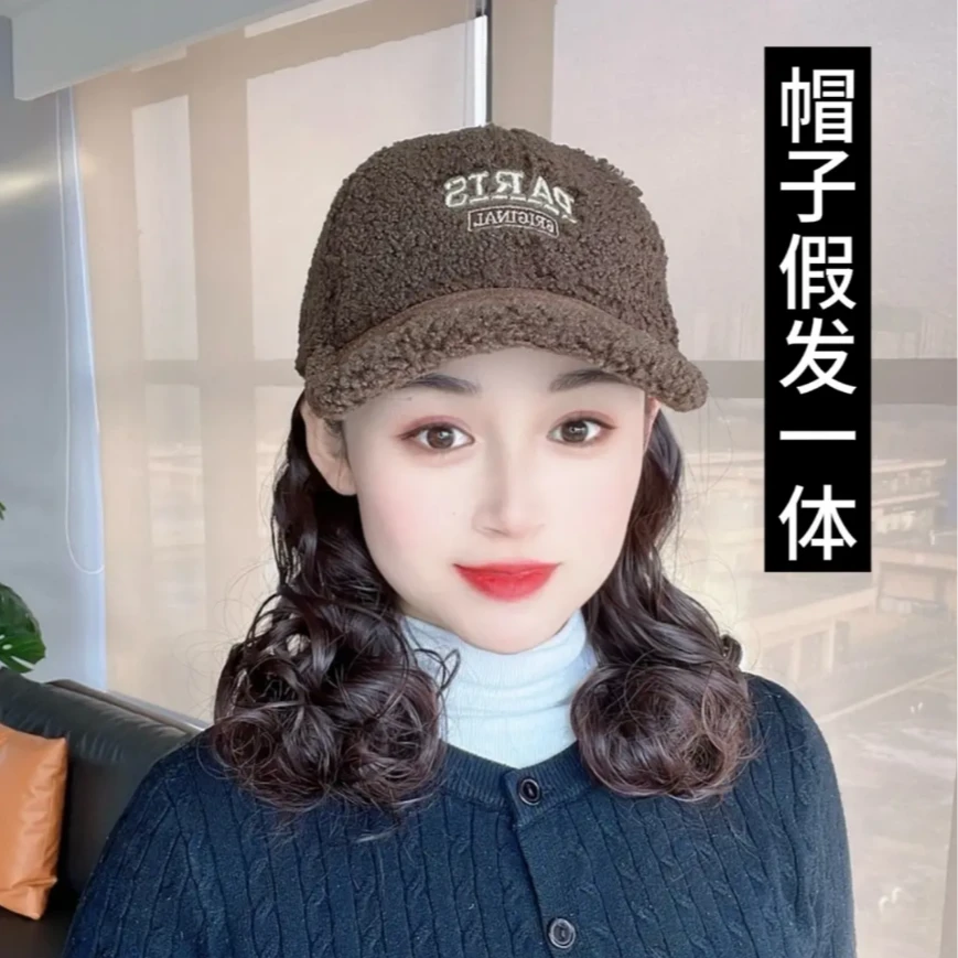 秋冬保暖新款假发一体加绒羊羔绒保暖棒球帽时尚百搭洋气鸭舌帽