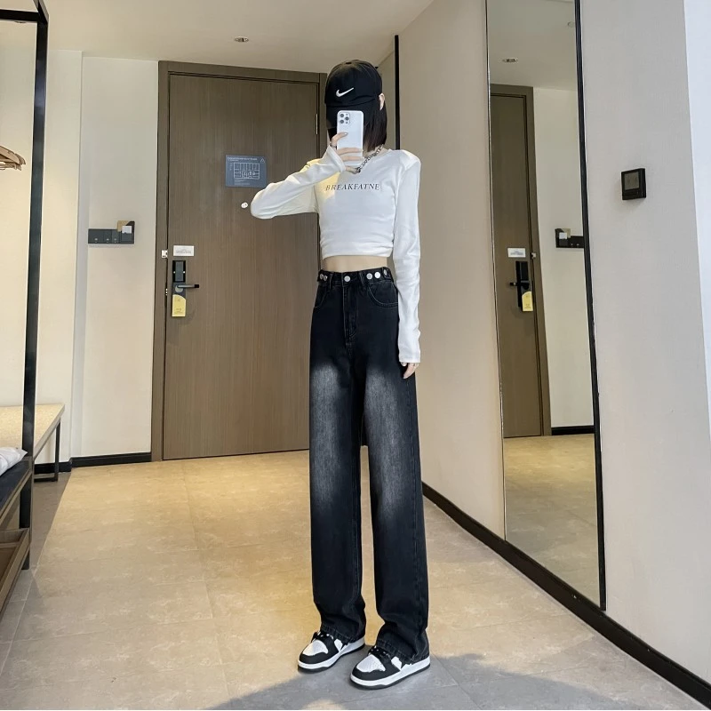 黑灰色牛仔裤女装阔腿裤2023秋季新款梨型身材高腰宽松拖地直筒裤