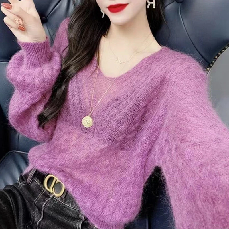 纯色镂空针织衫女2023新款V领长袖性感透视宽松衫套头毛衣防晒衣1