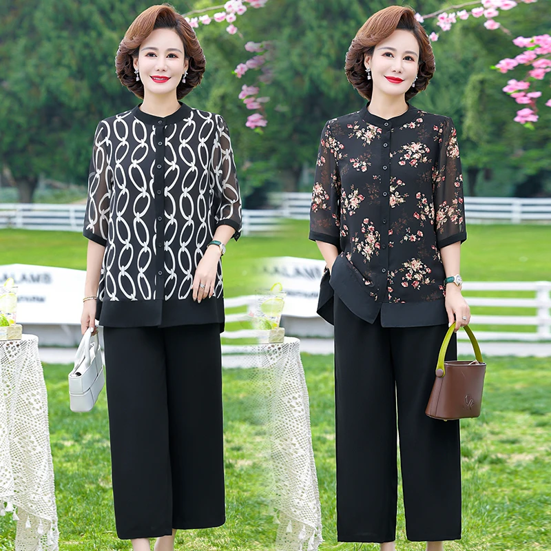 洋气妈妈夏装套装中年上衣短袖雪纺衫加肥加大码两件套中老年女装