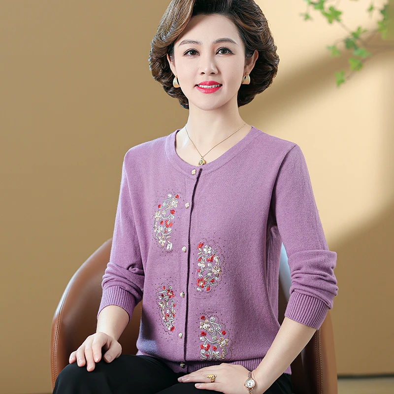 妈妈薄款针织开衫洋气上衣203新款中老年女秋装毛衣外套新款百搭