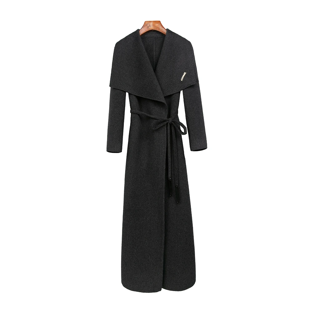 歌雨竹H5216冬款大翻领气质轻奢收腰显瘦绑带长款外套大衣