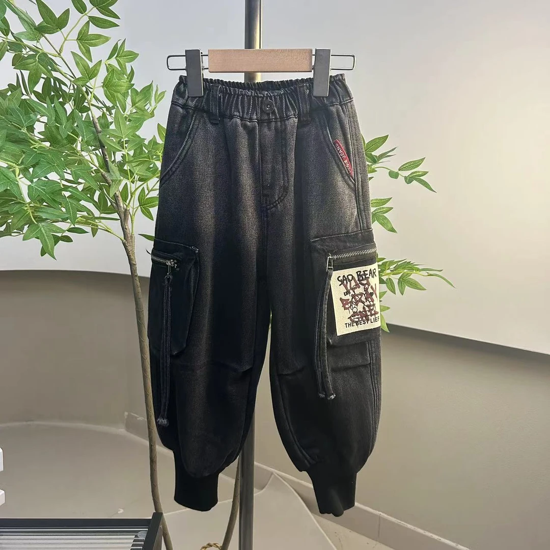 xt732儿童重工束脚牛仔裤螺纹修身设计师款加绒秋冬新款男老爹裤