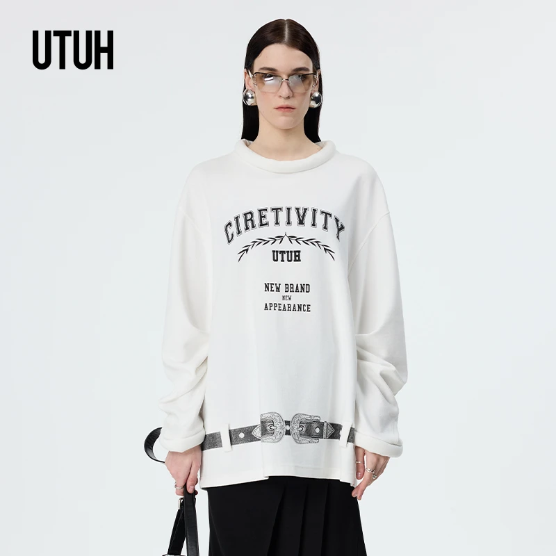 UTUH 白色宽松字母印花简约百搭显瘦经典圆领长袖T恤女TDWFS1T013