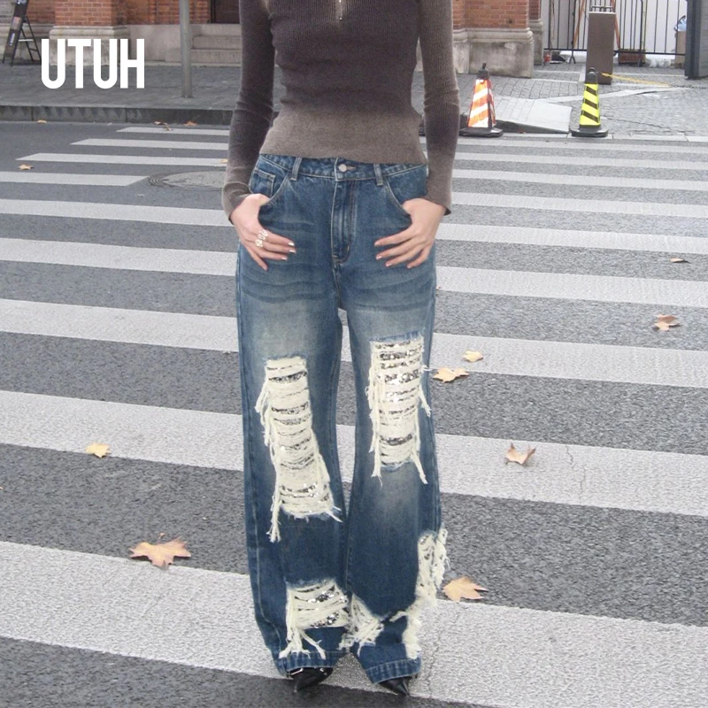 UTUH 蓝色高街破洞牛仔裤时髦直筒印花设计感  TDWSW2K251